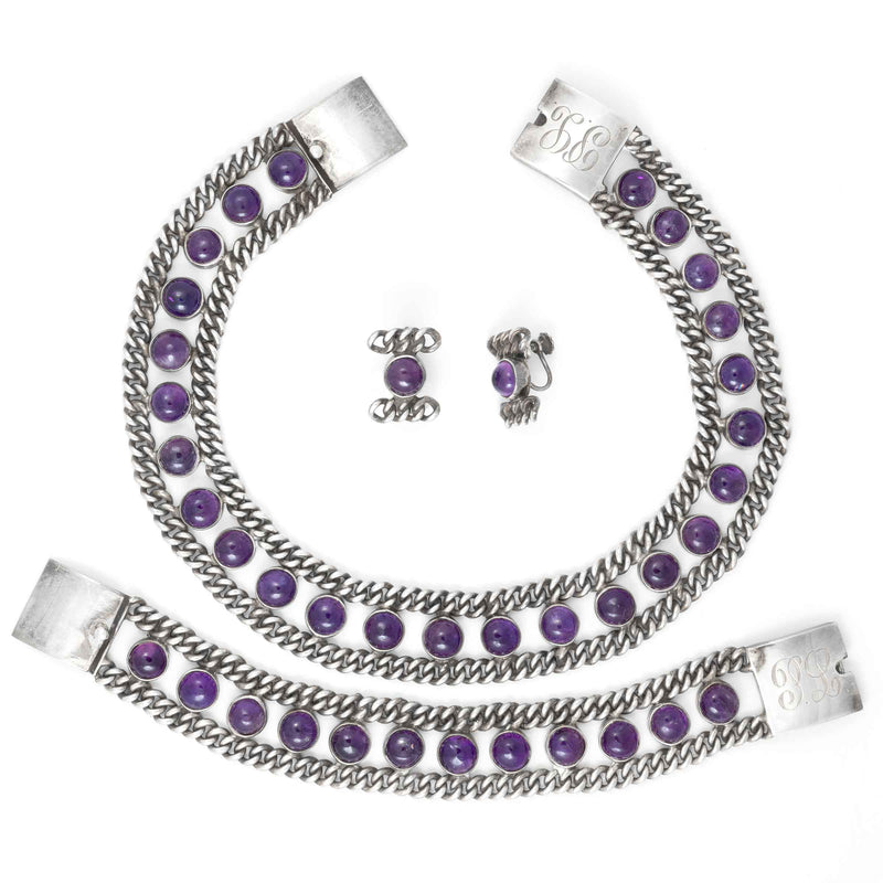 Cabochon Amethyst Necklace, Bracelet Set, Mexican Sterling Silver