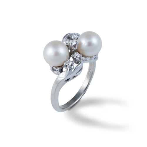 Pre-Owned Pearls and Diamond Ring, 14K White Gold