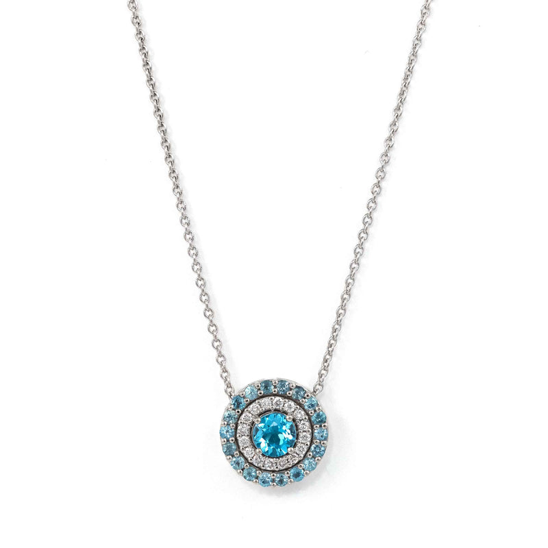Blue Topaz and Diamond Double Halo Necklace, 14K White Gold