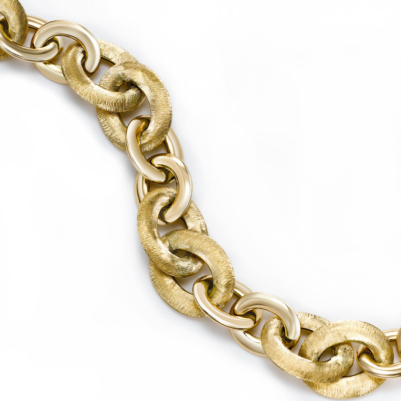 Oval Matte and Shiny Link Bracelet, 14K Yellow Gold