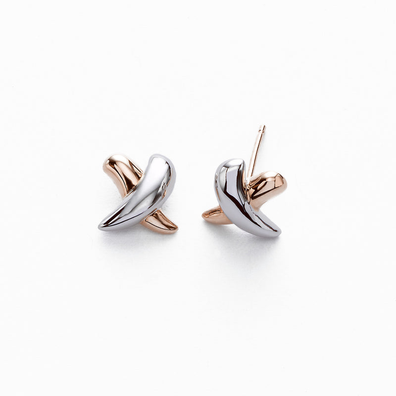 Rose and White 'X' Earrings, .40 inch, 14K Gold