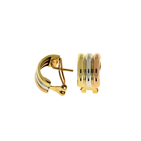 Tri-Color Ribbed Button Earrings, 18 Karat Gold