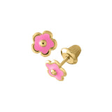 Child's Pink Enamel Flower Earrings, 14K Yellow Gold