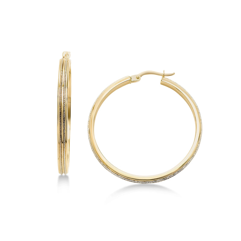 Two Tone Textured Hoop Earrings, 1.25 Inches, 14K Yellow Gold