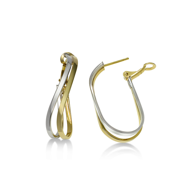 Two Tone Curve Design Oval Hoop Earrings, 14 Karat Gold
