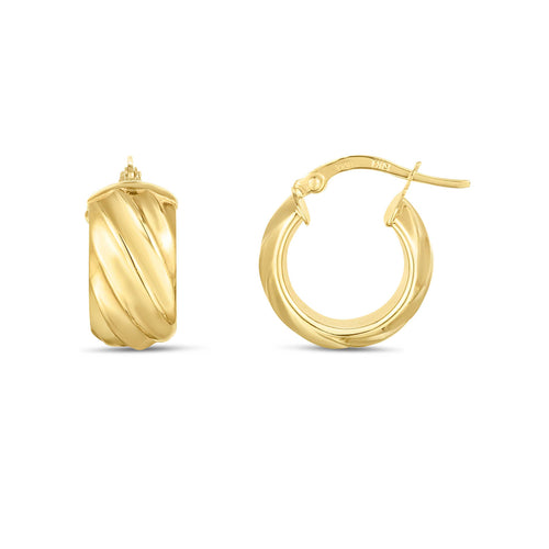 Ridged Hoop Earrings, .50 Inch, 14K Yellow Gold