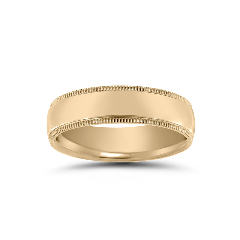 Center Domed Wedding Band with Milgrain Edges, 5 MM, 14K Yellow Gold