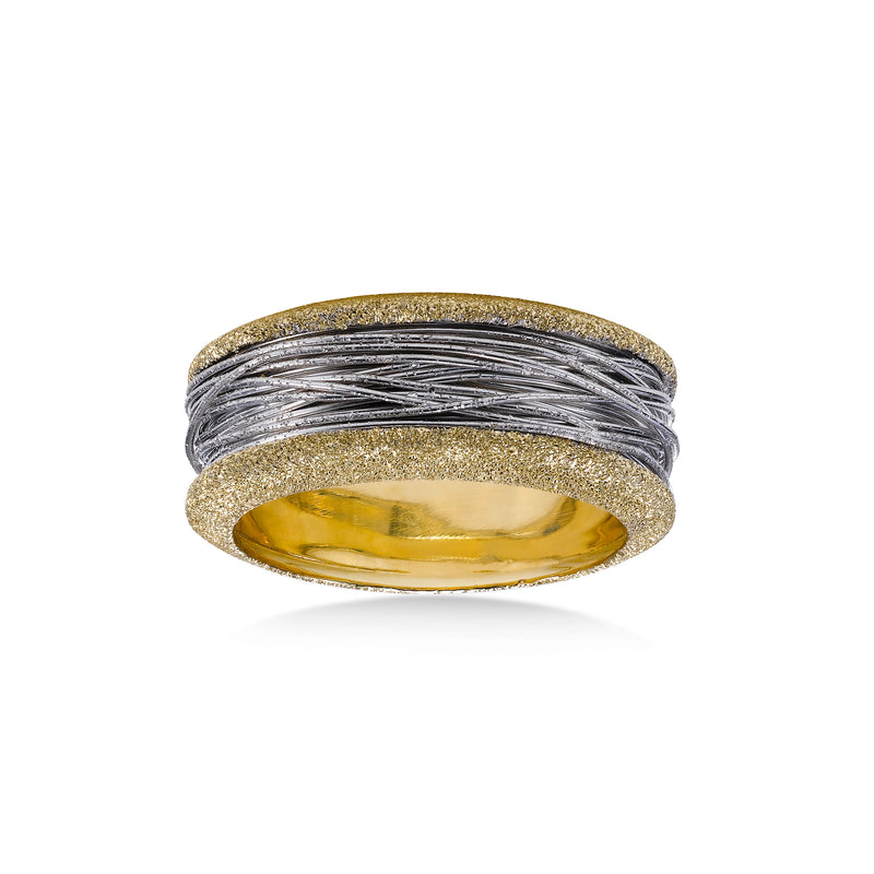 Two Tone Wide Band Ring with Wire Style Center, 14 Karat Gold