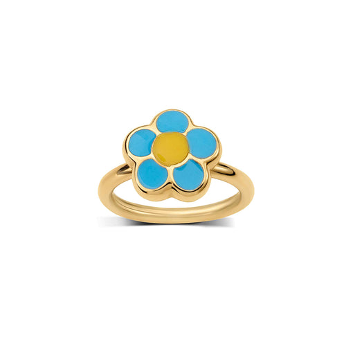 Blue Enamel Flower Ring, 18K Yellow Gold
