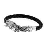 Silver Dragon Head Bracelet, Braided Black Leather