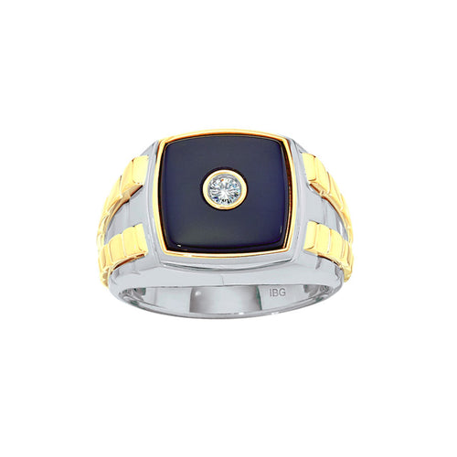 Two Tone Black Onyx Ring with Diamond Accent, Size 10.5, 14K Gold