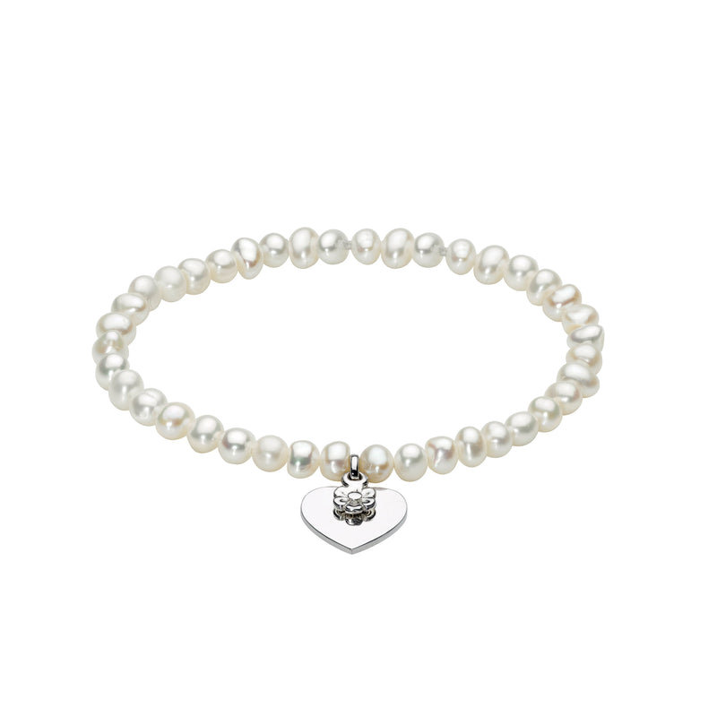 Girl's Stretchy Cultured Pearl Bracelet with Heart Charm, Sterling Silver