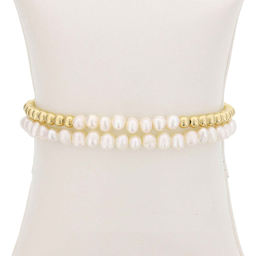 Freshwater Cultured Pearls and Gold Filled Beads, 4 MM, Stretch Bracelets, Set of 2