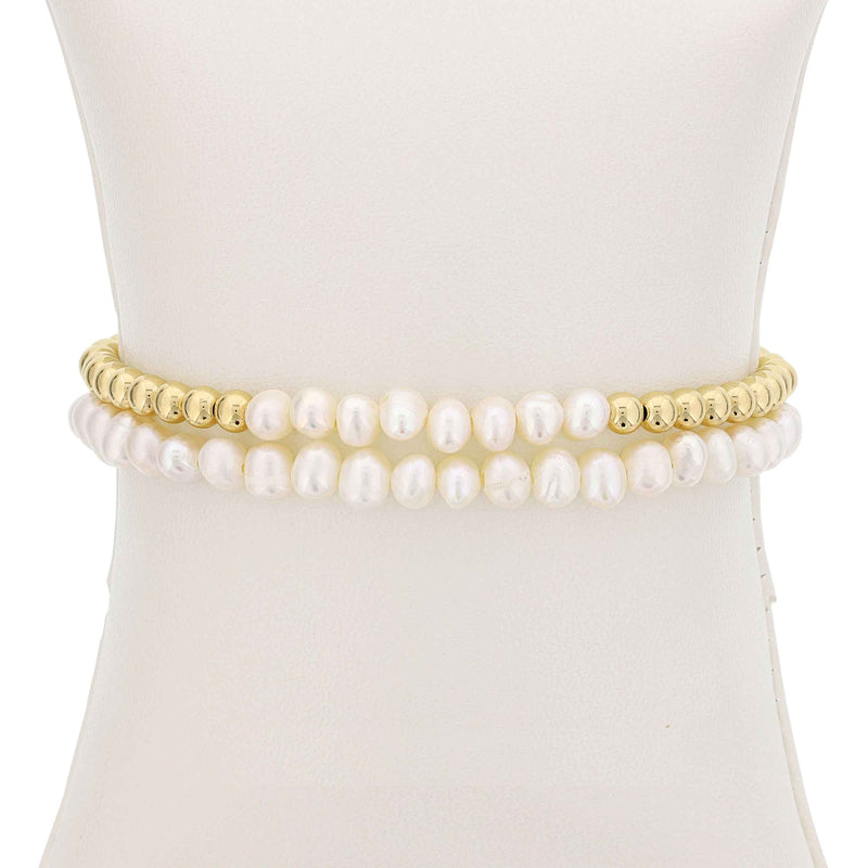 Freshwater Cultured Pearls and Gold Filled Beads, 4 MM, Stretch Bracelets, Set of 2