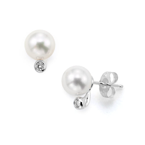 Akoya Cultured Pearl and Bezel Set Diamond Earrings, 14K White Gold