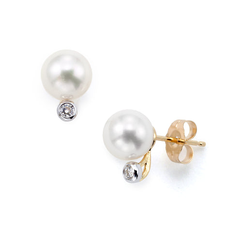 Cultured Pearl & Diamond Earrings, 7 MM, 14 Karat Gold