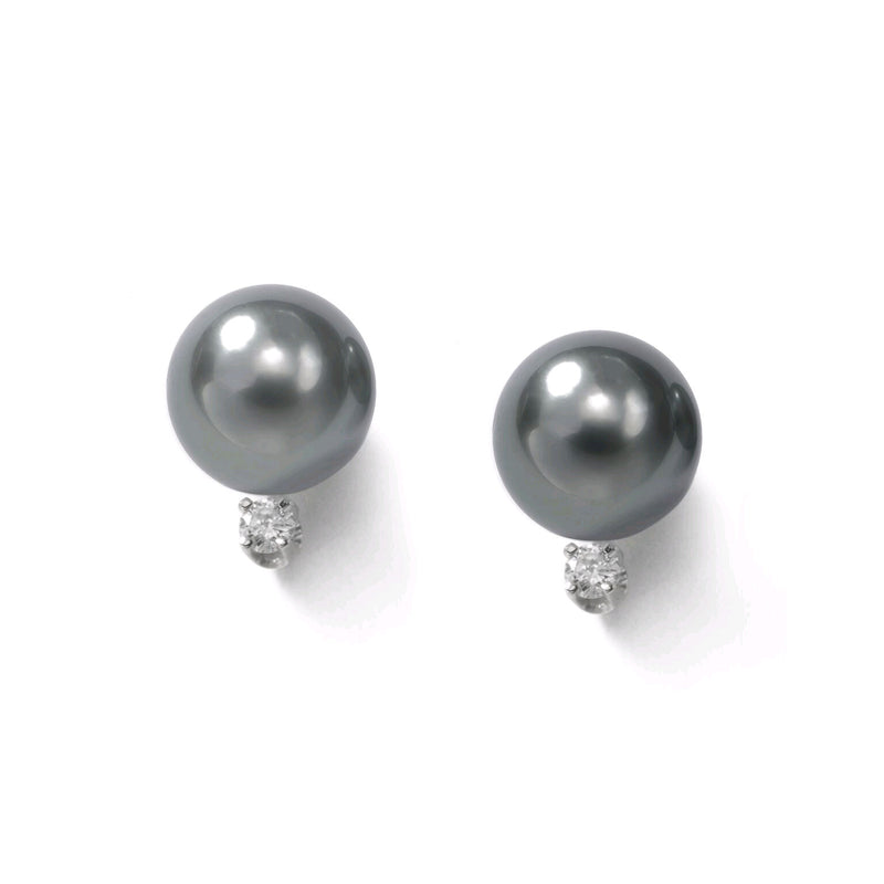 Tahitian Cultured Pearl Earrings, 9MM, with Diamonds, 14K White Gold
