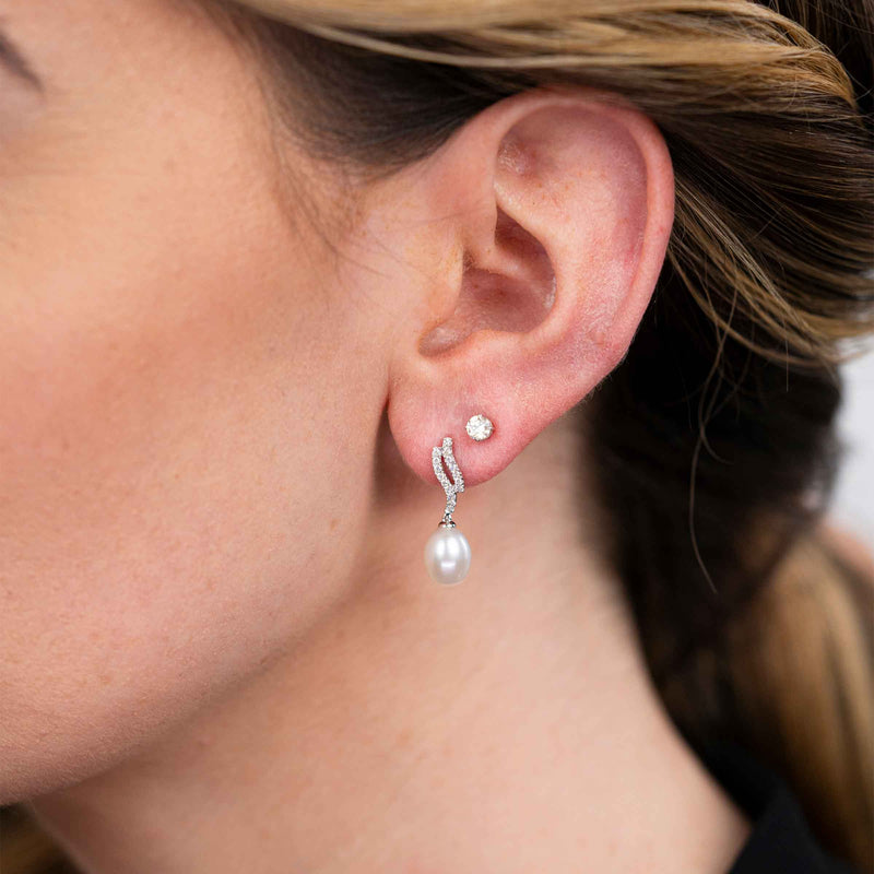 Elegant Cultured Pearl and Diamond Dangle Earrings, 14K White Gold