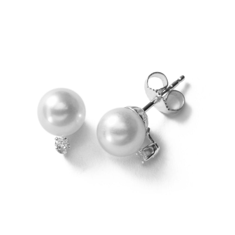 Akoya Cultured Pearl Earrings with Diamonds, 8 MM, 14K White Gold