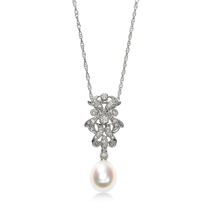 Vintage Style Diamond and Cultured Pearl Drop Pendant, 14K White Gold