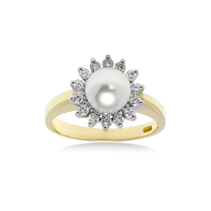 Akoya Cultured Pearl and Diamond Halo Ring, 14 Karat Gold
