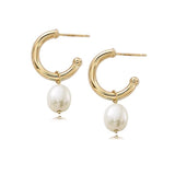 Hoop Earrings with Cultured Pearl Drops, 14K Yellow Gold