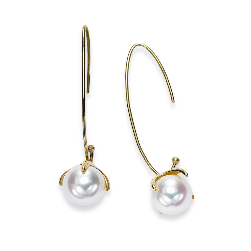 Akoya Cultured Pearl Open Wire Drop Earrings, 14K Yellow Gold