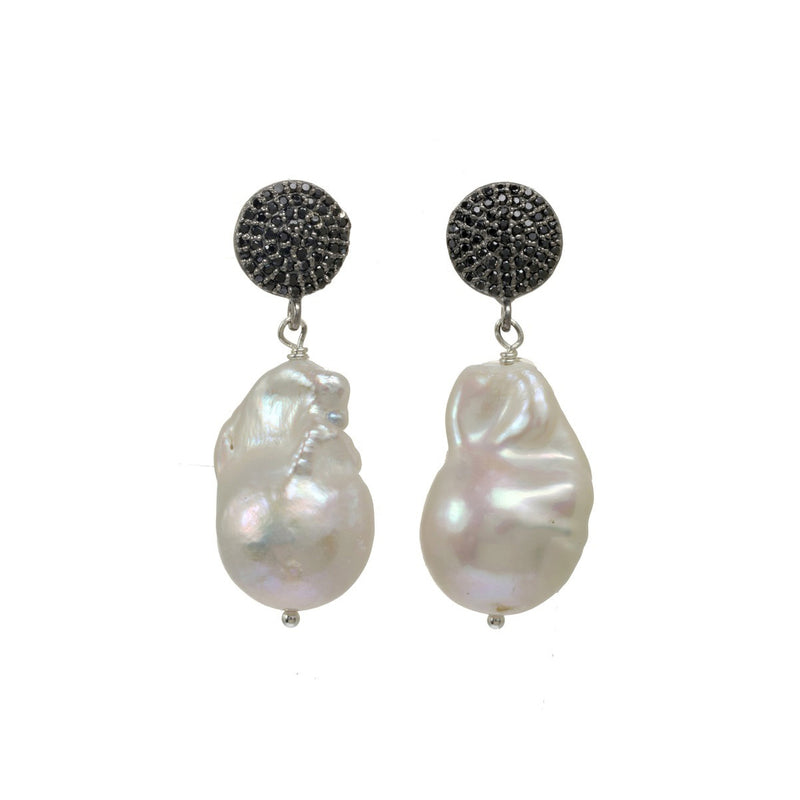 White Baroque Cultured Pearl and Black Spinel Dangle Earrings, Sterling Silver