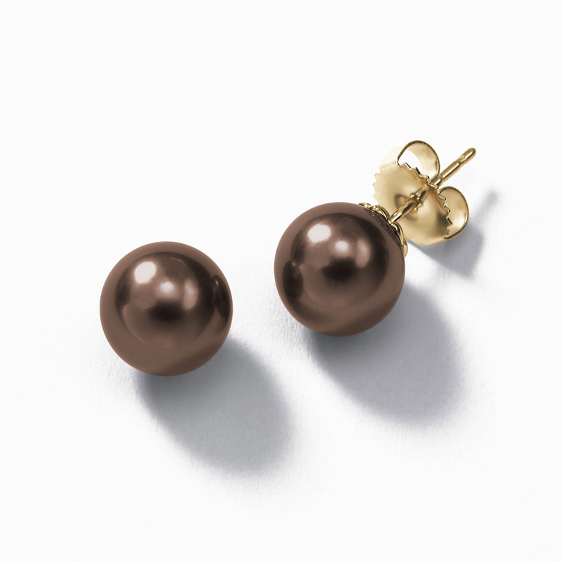 Dyed Chocolate Freshwater Cultured Pearl Earrings, 7MM, 14K Yellow Gold