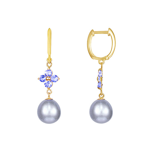 Grey Freshwater Cultured Pearl and Tanzanite Earrings, 14K Yellow Gold