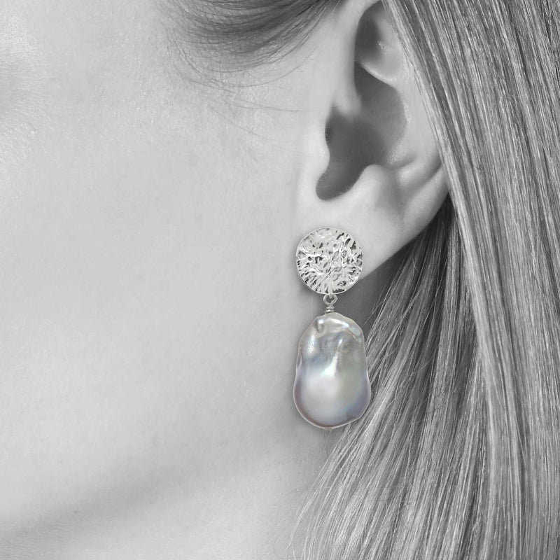 Grey Baroque Pearl Drop Earrings with Hammered Top, Vermeil
