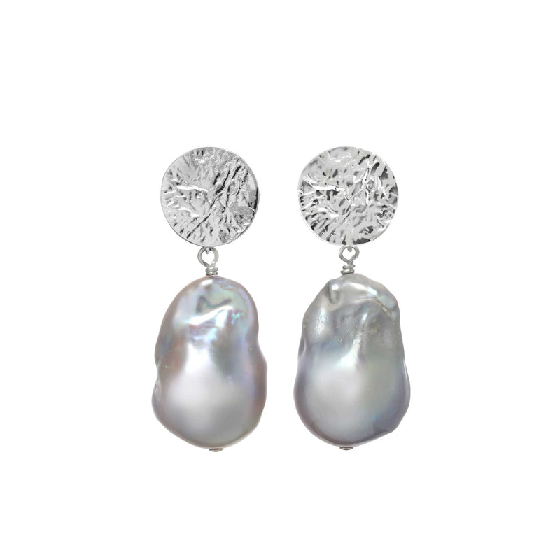 Grey Baroque Pearl Drop Earrings with Hammered Top, Vermeil