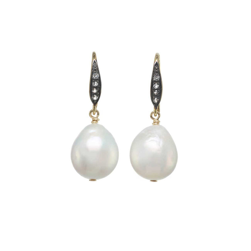 Small White Baroque Pearls and White Sapphire Earrings, Sterling with Gold Plating