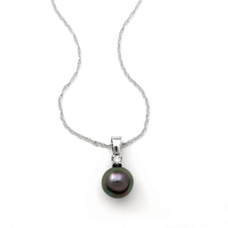Single Tahitian Pearl with Diamond Accent, 14K White Gold