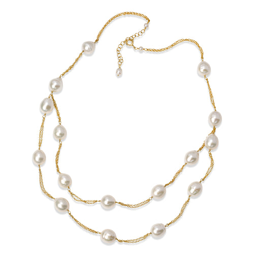 Double Chain Freshwater Cultured Pearl Necklace, Sterling with Gold Plating