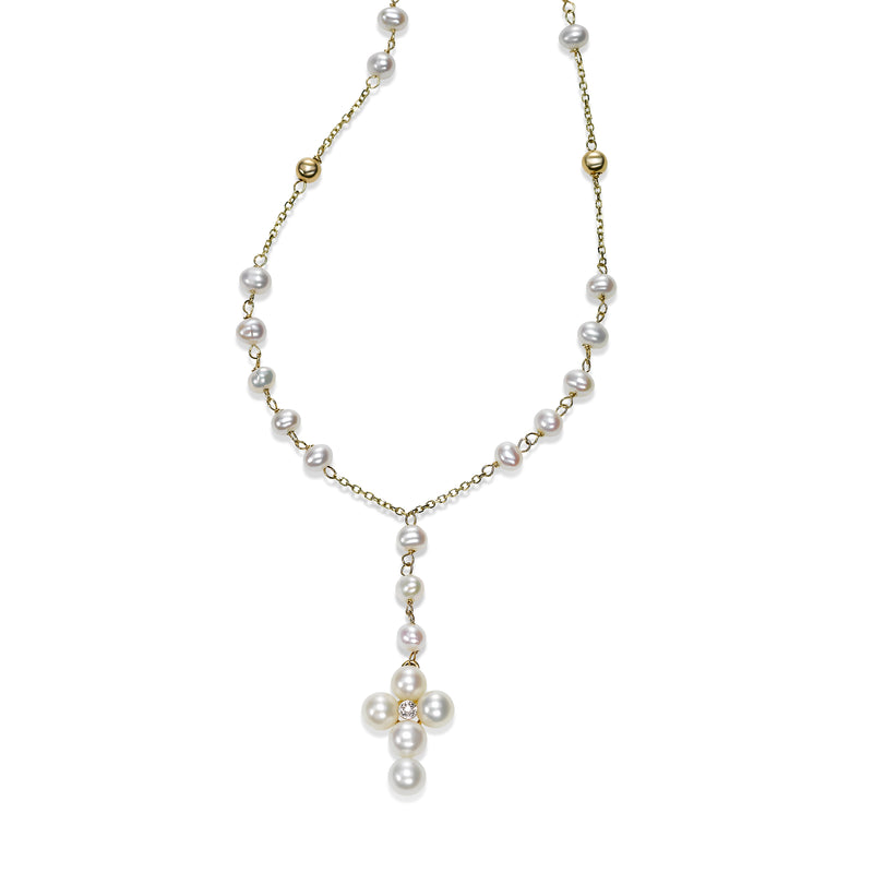 Freshwater Cultured Pearls Rosary Cross, 14K Yellow Gold