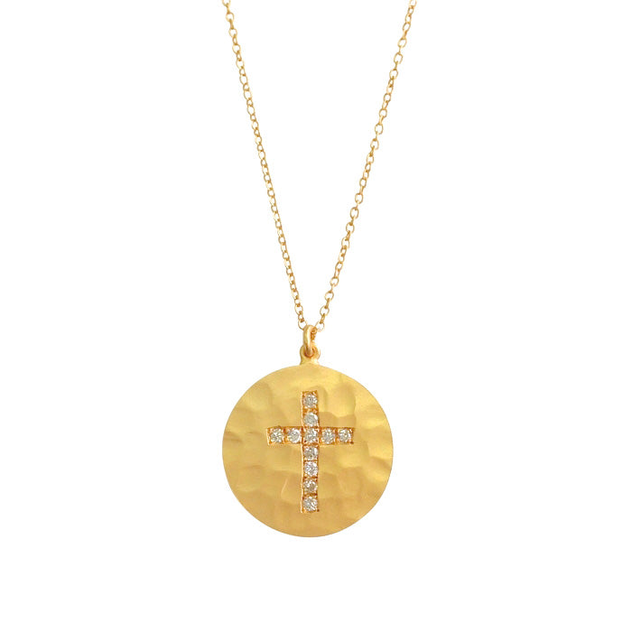 Diamond Cross on Hammered Disc Pendant, 14K Yellow Gold