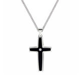 Black Enamel Cross with Diamond Accent, Stainless Steel