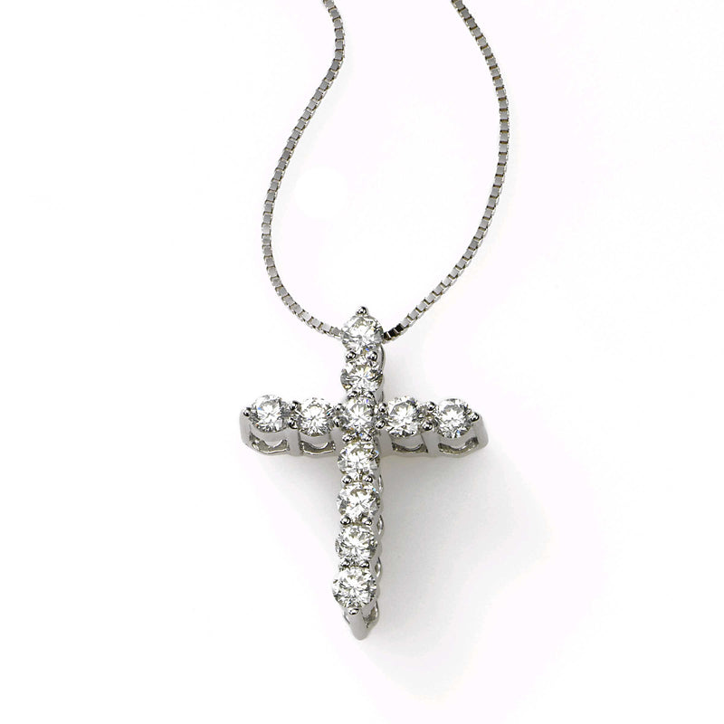 Shared Prong Diamond Cross Pendant, 14K White Gold