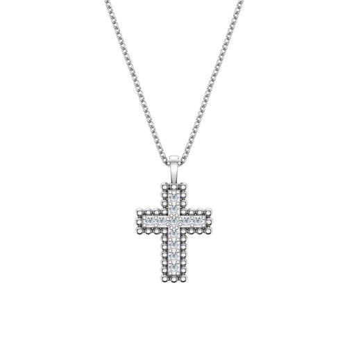 Diamond Cross with Beaded Outline, 14K White Gold