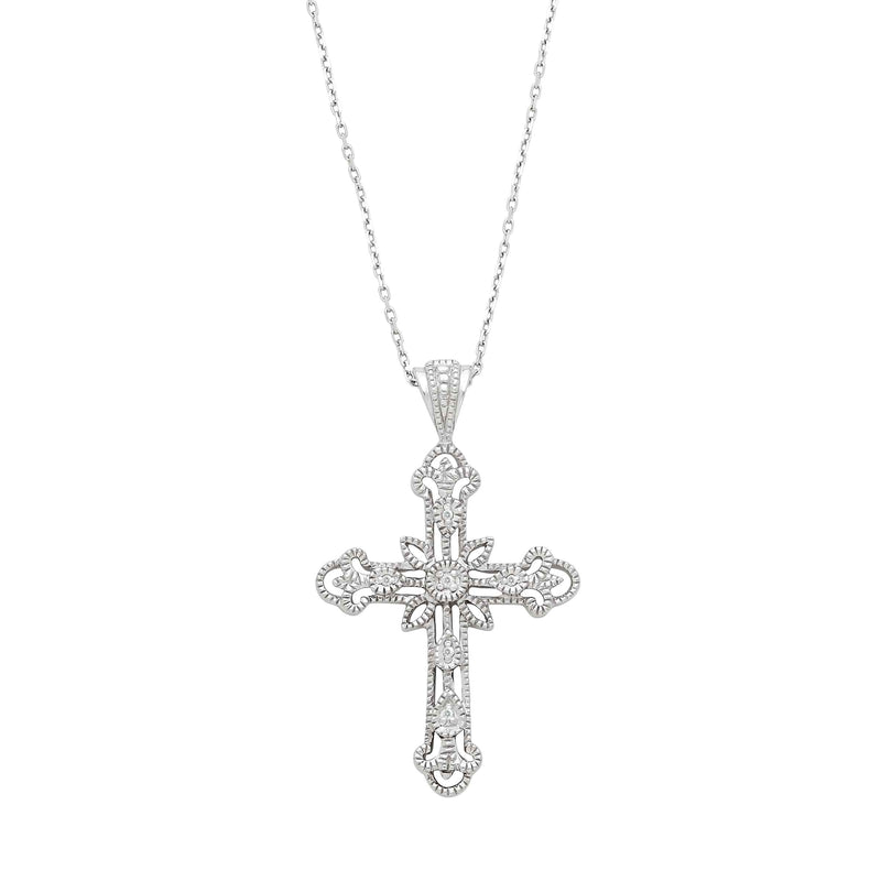 Filigree Cross Pendant with Diamond Accent, Sterling Silver