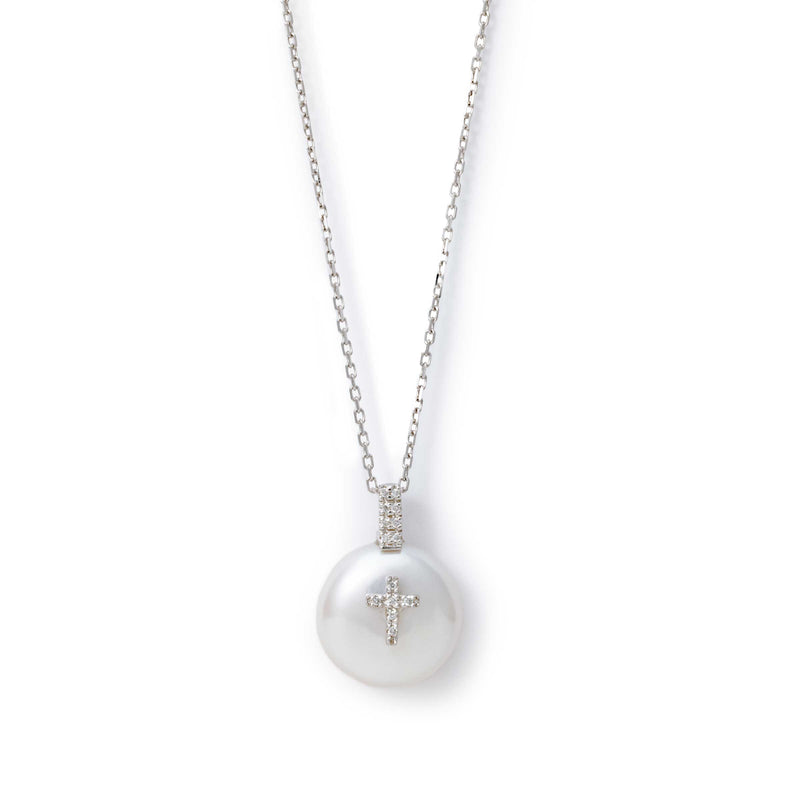 Cultured Coin Pearl with Diamond Cross Pendant, Sterling Silver