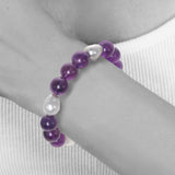 Purple Amethyst Ball with Small Grey Baroque Pearls Stretch Barcelet