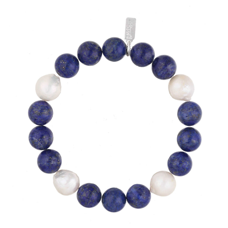 Lapis and White Baroque Pearls Stretch Barcelet
