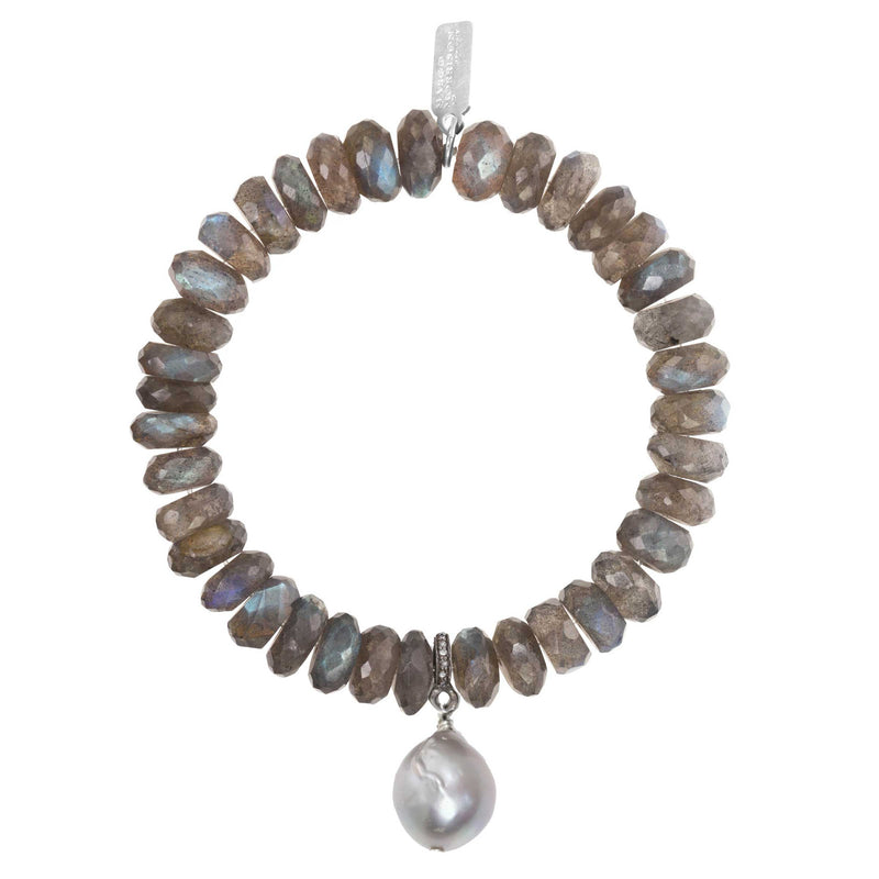 Labradorite Stretch Bracelet with Grey Baroque Pearl Drop