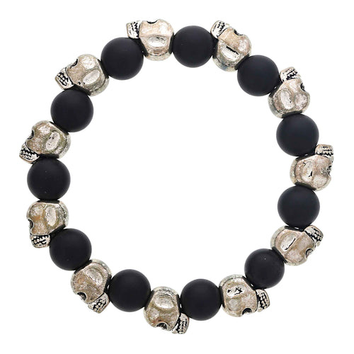 Black Agate Bead "Protection" Bracelet, 8 Inches, Silver Tone, Unisex