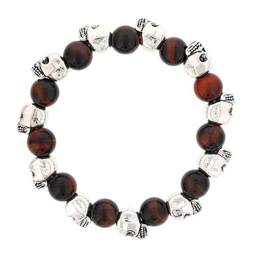 Red Tiger Eye Bead Bracelet, 8 Inches, Silver Tone, Unisex