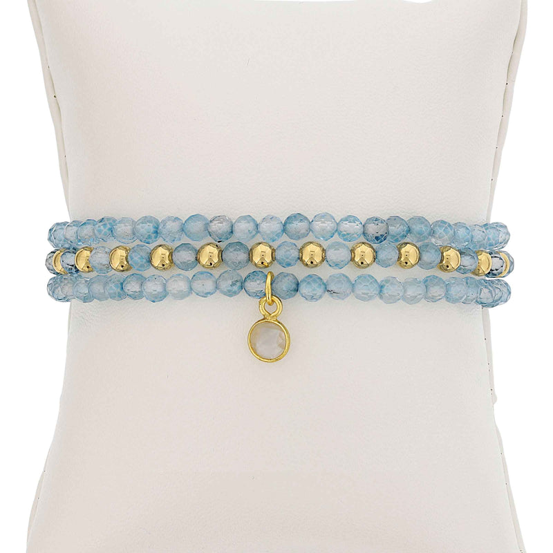 Blue Topaz and Gold Filled Beads, 4MM, Stretch Bracelets, Set of 3