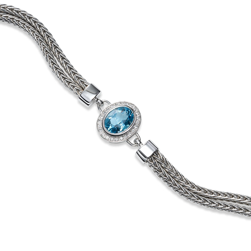 Double Strand Bracelet with Blue Topaz Center, Sterling Silver