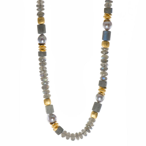 Labradorite and Cultured Pearl Necklace, 18 Inches, Vermeil